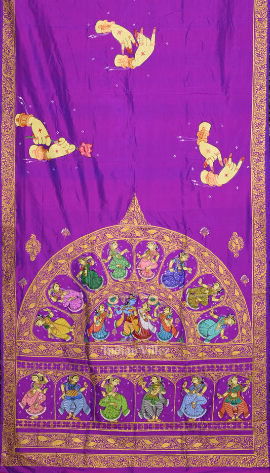 Purple Rasleela Hand-Painted Theme Pattachitra Silk Saree