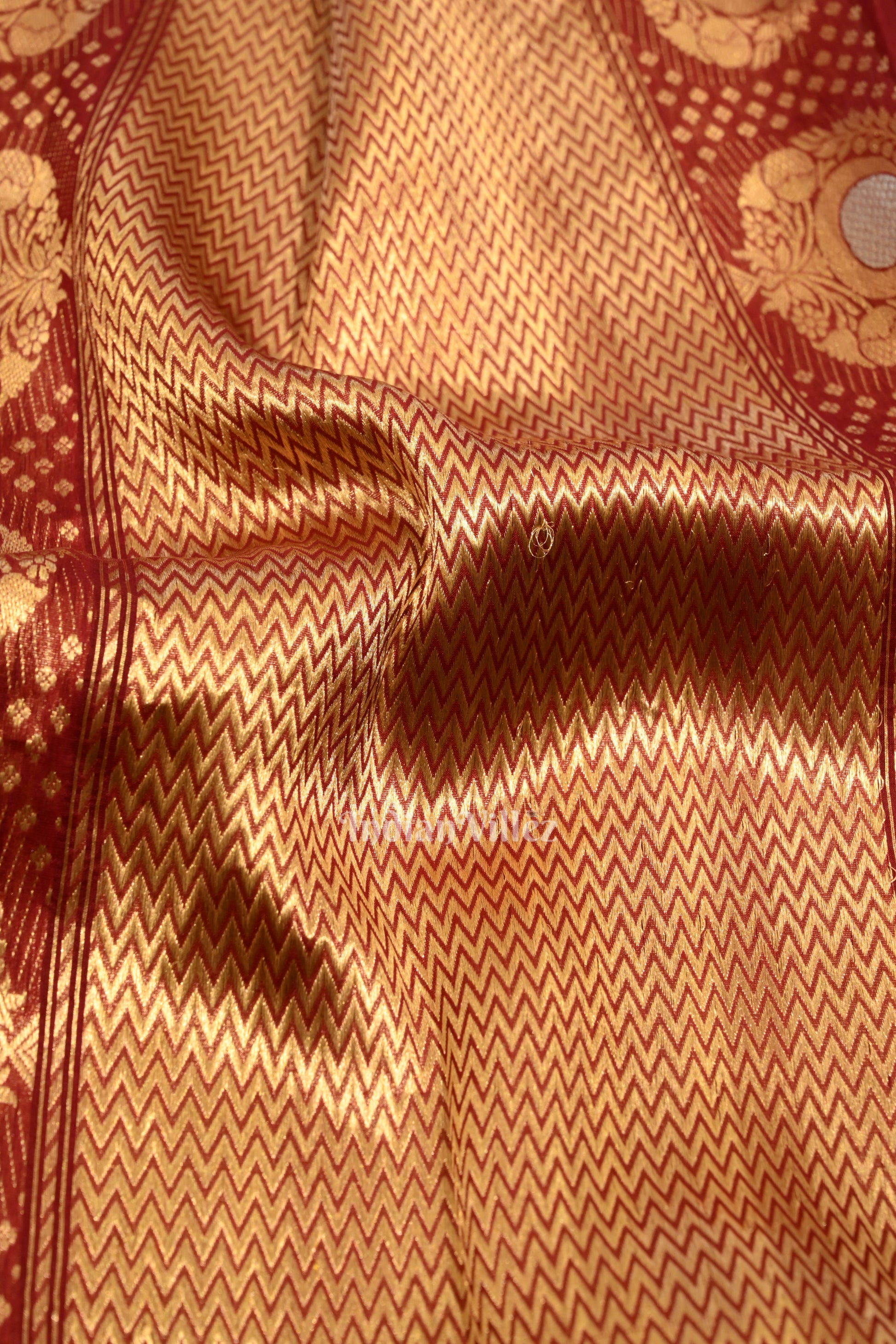 Deep Maroon Banarasi Silk Saree With Floral Handwork