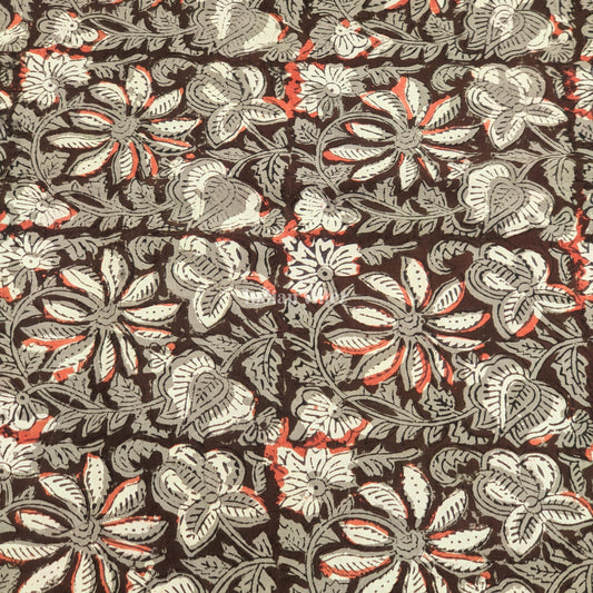 Brown Floral Hand Block Printed Cotton Fabric