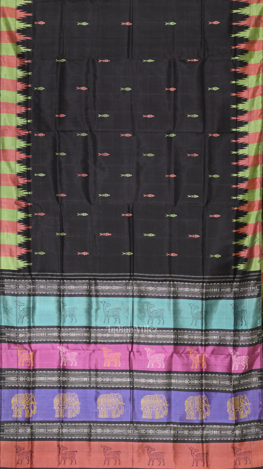 Black with Fish Motif Double Pallu Berhampuri Silk Saree