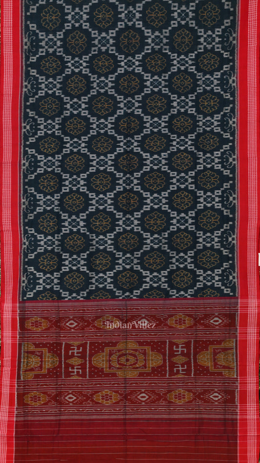 Ink Blue Red Odisha Sambalpuri Pure Cotton Saree