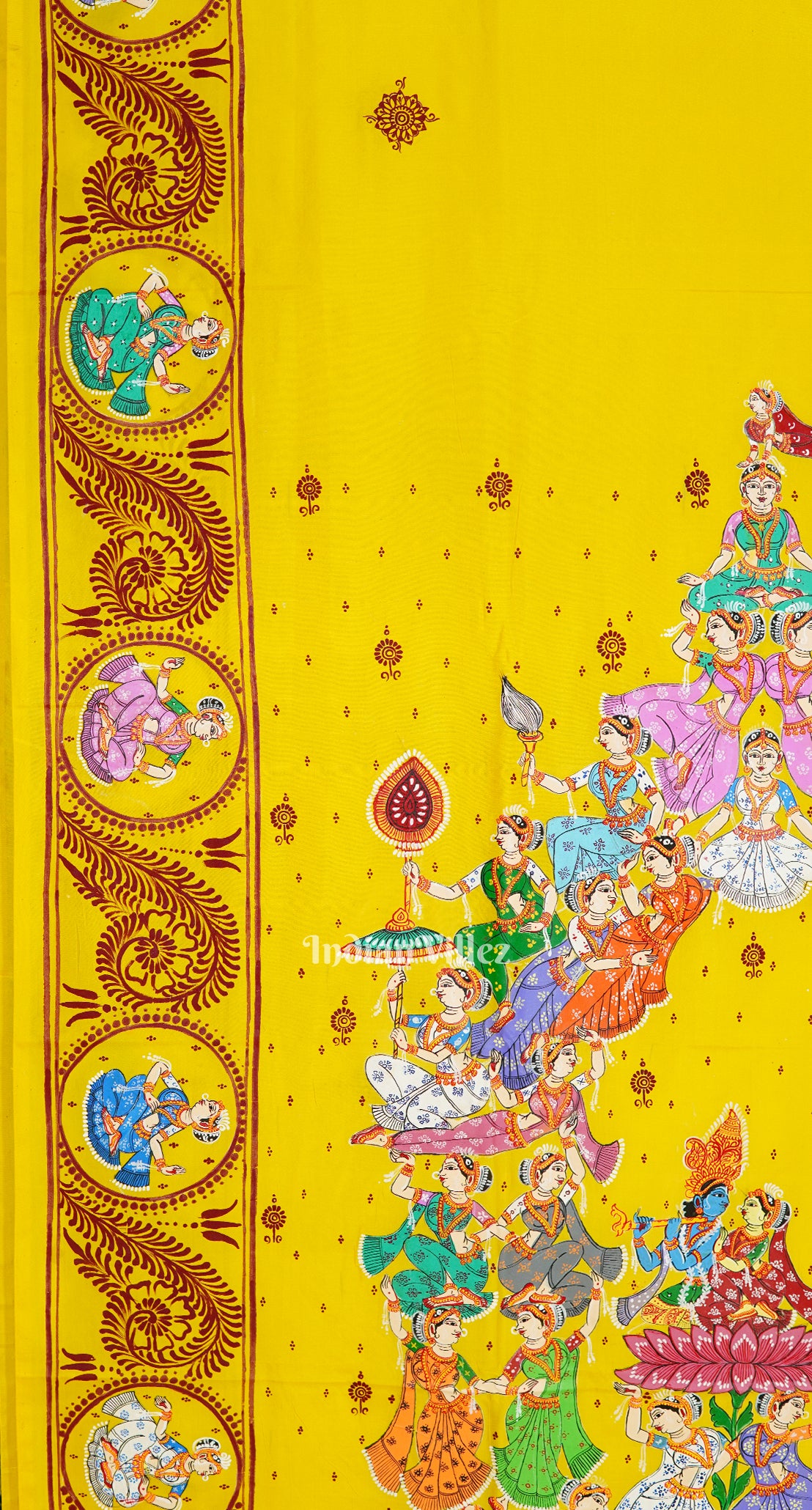 Yellow Kandarpa Rath Hand-painted Pattachitra Saree