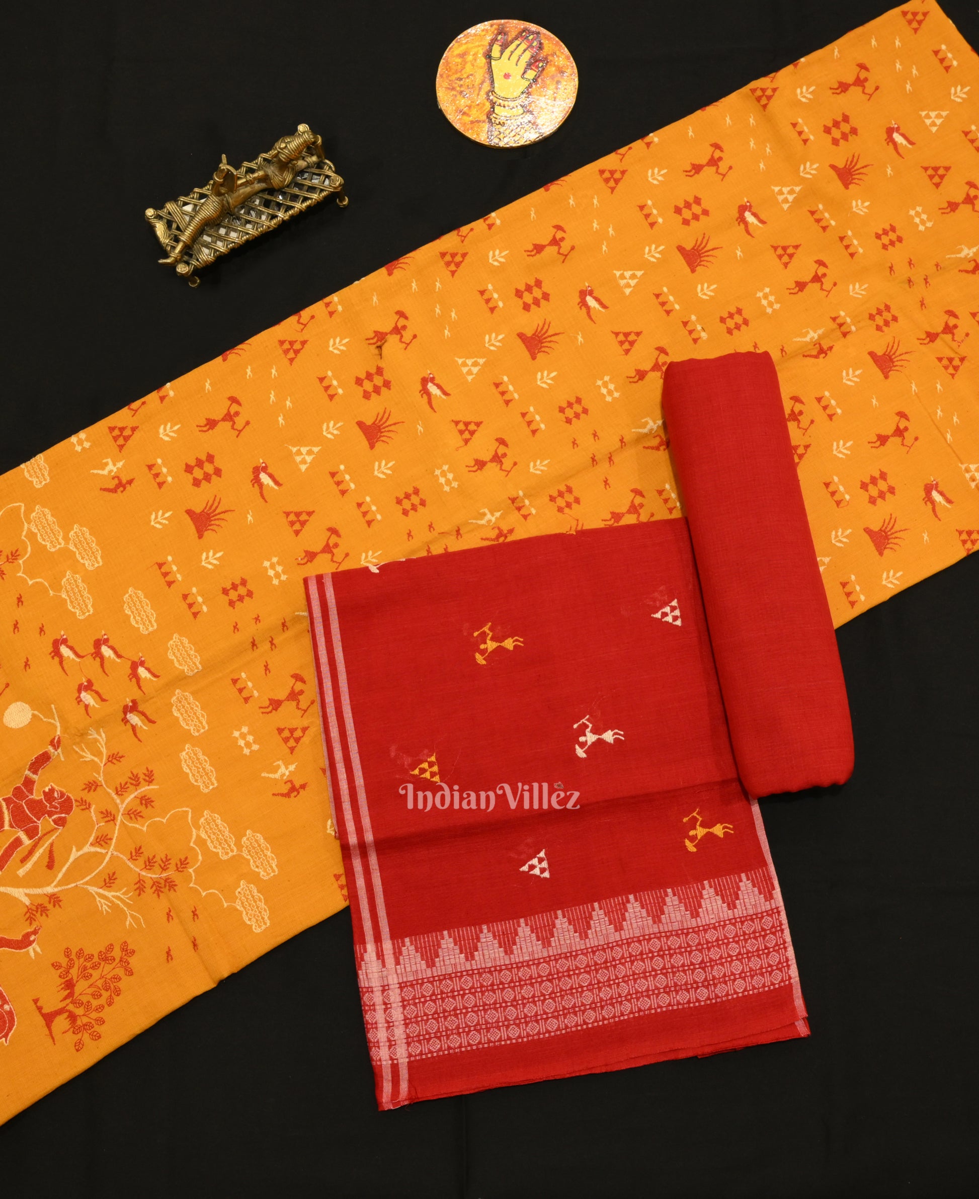 Yellow Red Tribal Design  Sambalpuri Cotton Dress set with Dupatta