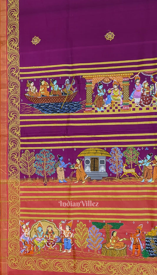 Deep Maroon Sita Vivah Theme Hand-Painted Pattachitra Saree