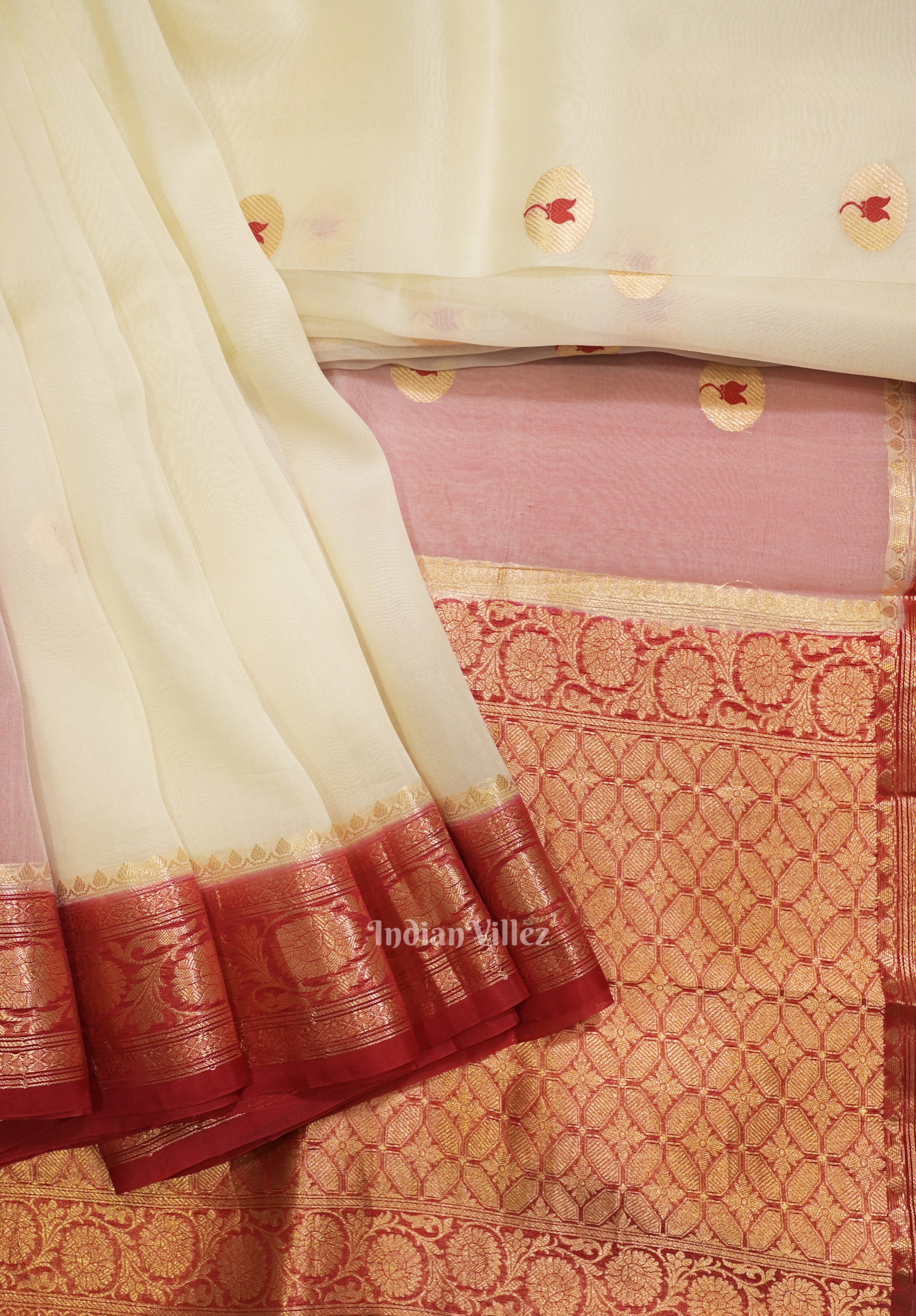 Off White Red Designer Katan Banarasi Tissue Saree