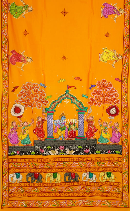 Yellow Krishna Rasa Leela Theme Pattachitra Silk Saree