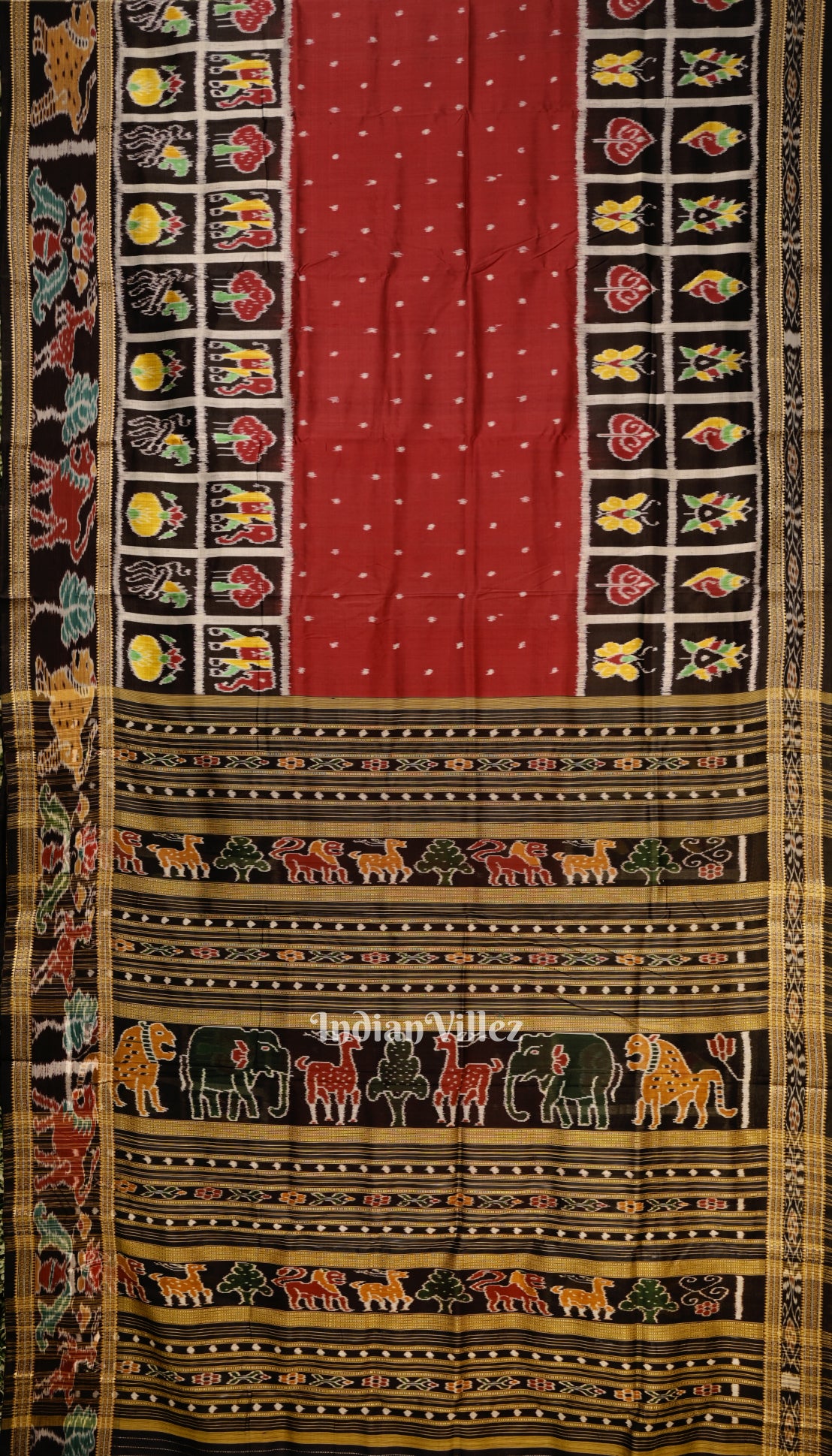 Red Black Nabakothi Odisha Ikat Khandua Silk Saree With Animal Theme