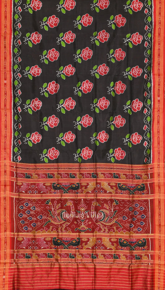 Black Red Rose Flower Theme Khandua Silk Saree 