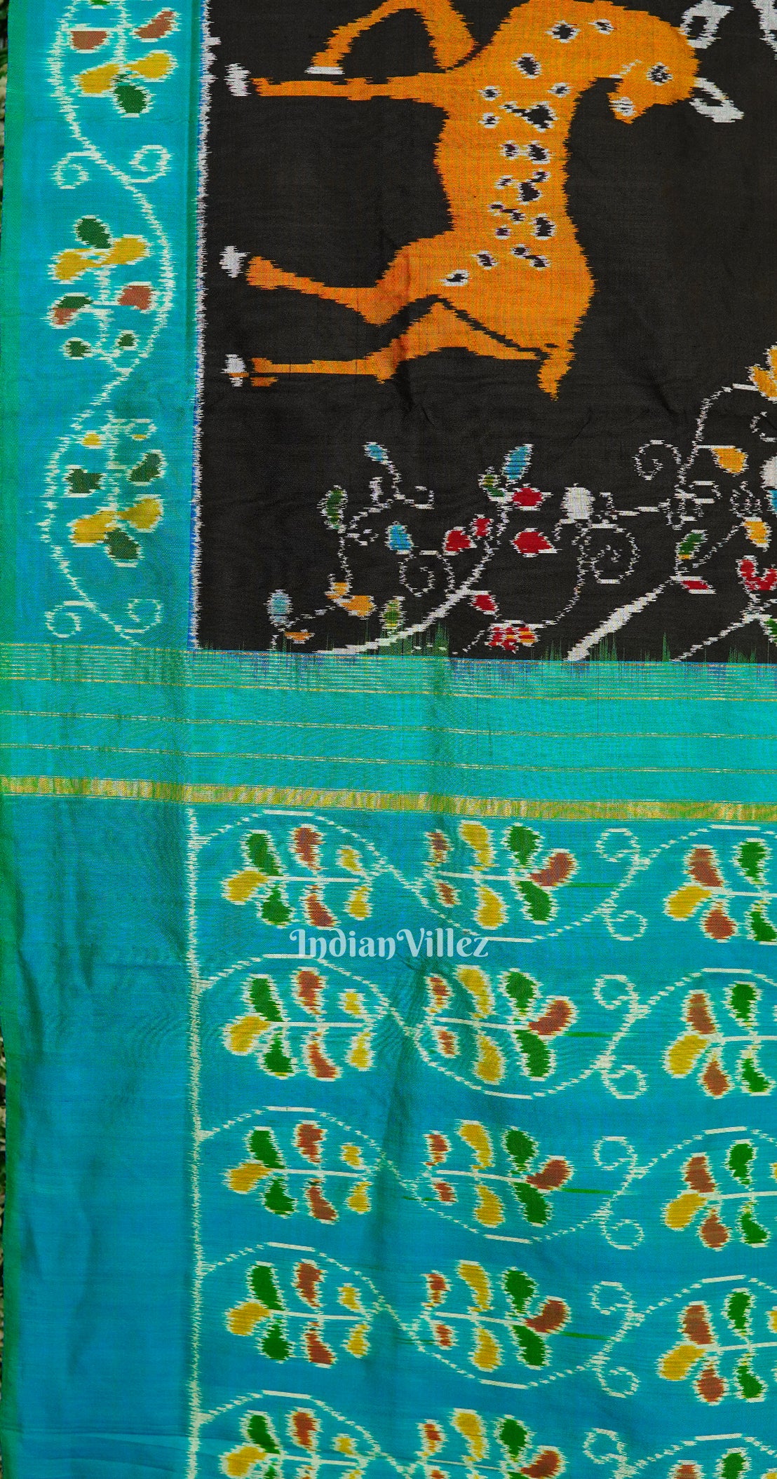 Black Golden Yellow Dear Theme Pochampally Ikat Silk Saree