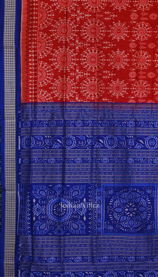 Red with Royal Blue Odisha Ikat Sambalpuri Silk Saree