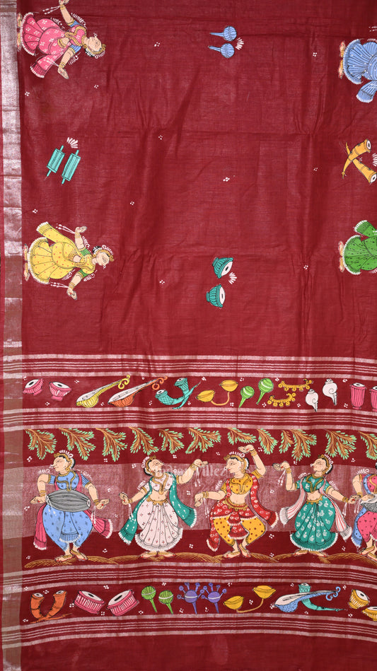 Maroon Nartaki Musical Theme  Hand-Painted Pattachitra Saree