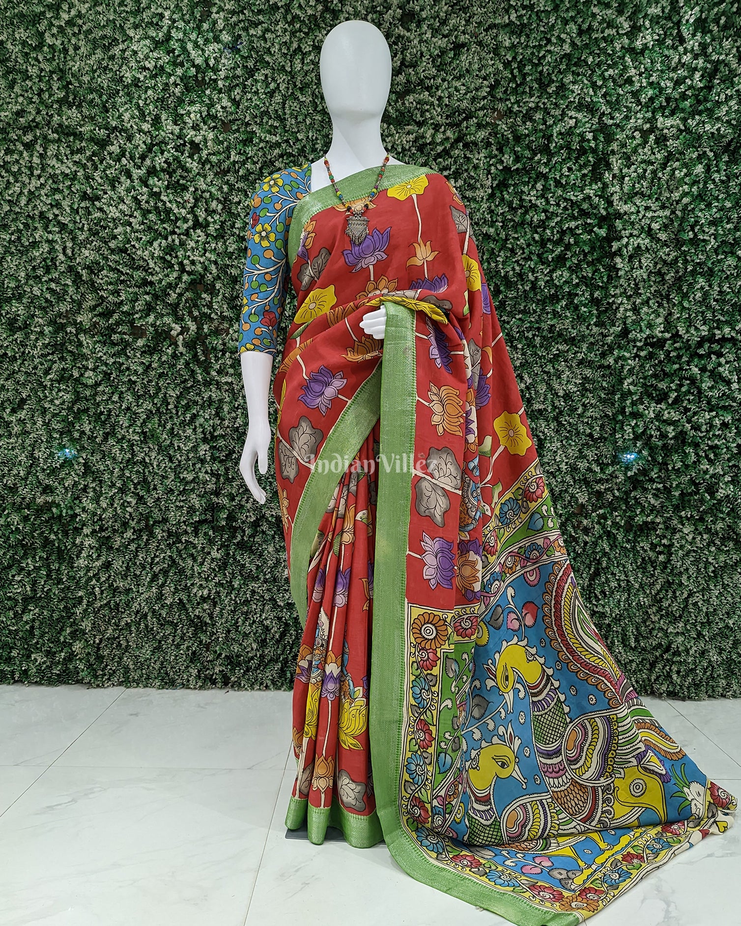 Red With Peacock Anchal Hand-Painted Kanjivaram Silk Kalamkari Saree