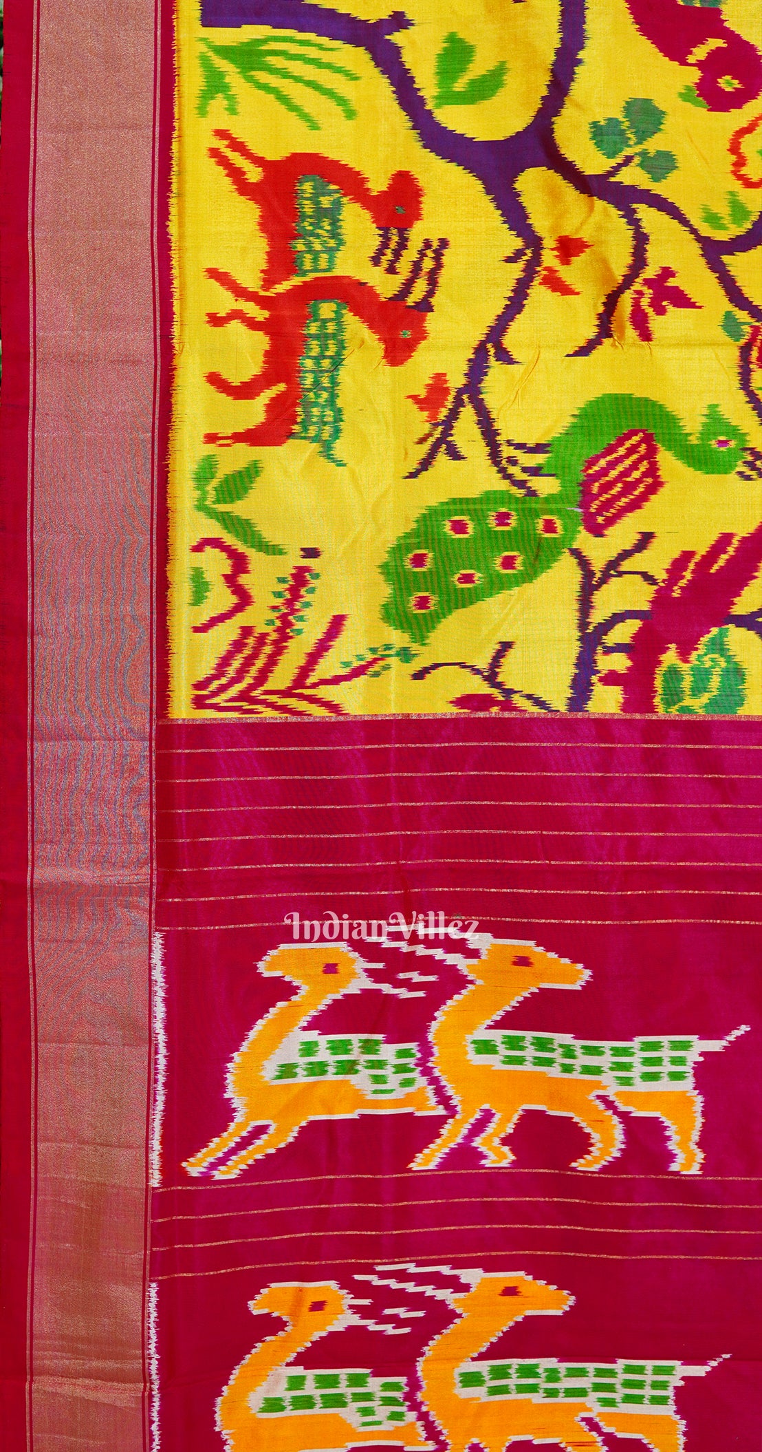 Yellow Nature With Wildlife Design Pochampally Ikat Silk Saree