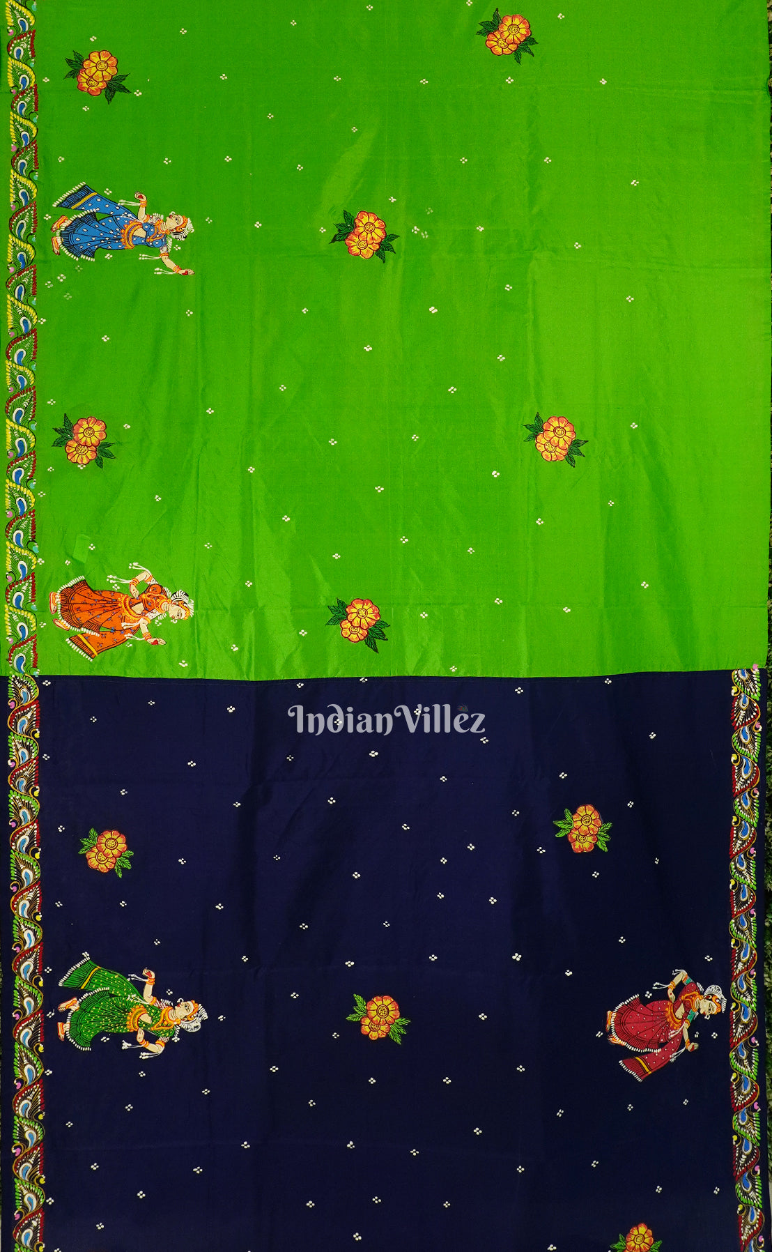 Blue With Green Raja Theme Pattachitra Silk Saree