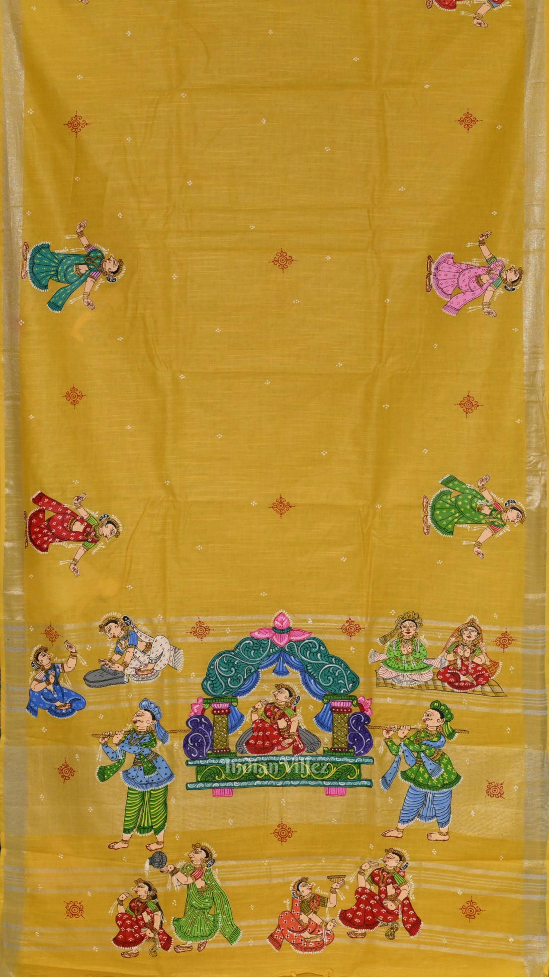 Yellow Doli Barat Theme Hand-Painted Pattachitra Saree