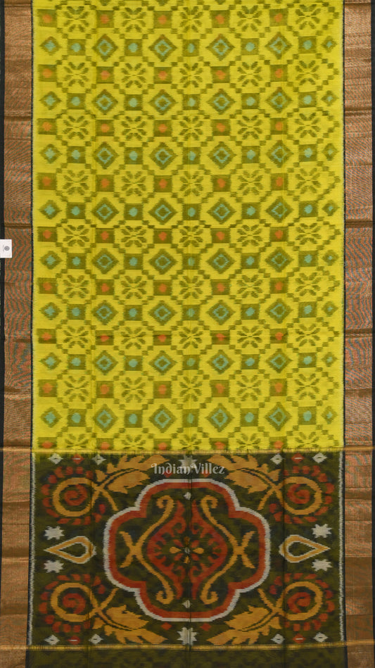 yellow Black Pochampally Ikat Sico (Silk & Cotton) Saree with Zari Border 