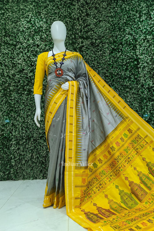 Grey Yellow Odisha Ikat Shree Mandir Sambalpuri Silk Saree