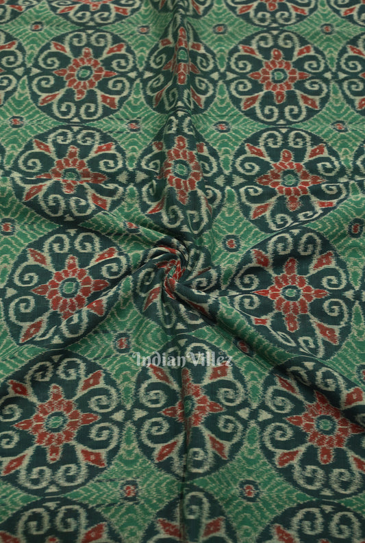 Green Flower Motif Sambalpuri Ikat Cotton Fabric