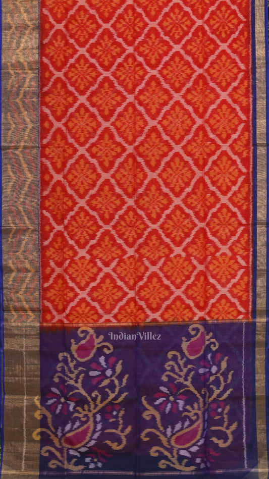 Red Blue Pochampally Ikat Sico (Silk & Cotton) Saree with Zari Border