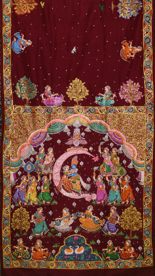 Maroon Ardha Chandra Krishna Rasa Leela Hand-Painted Pattachitra Saree