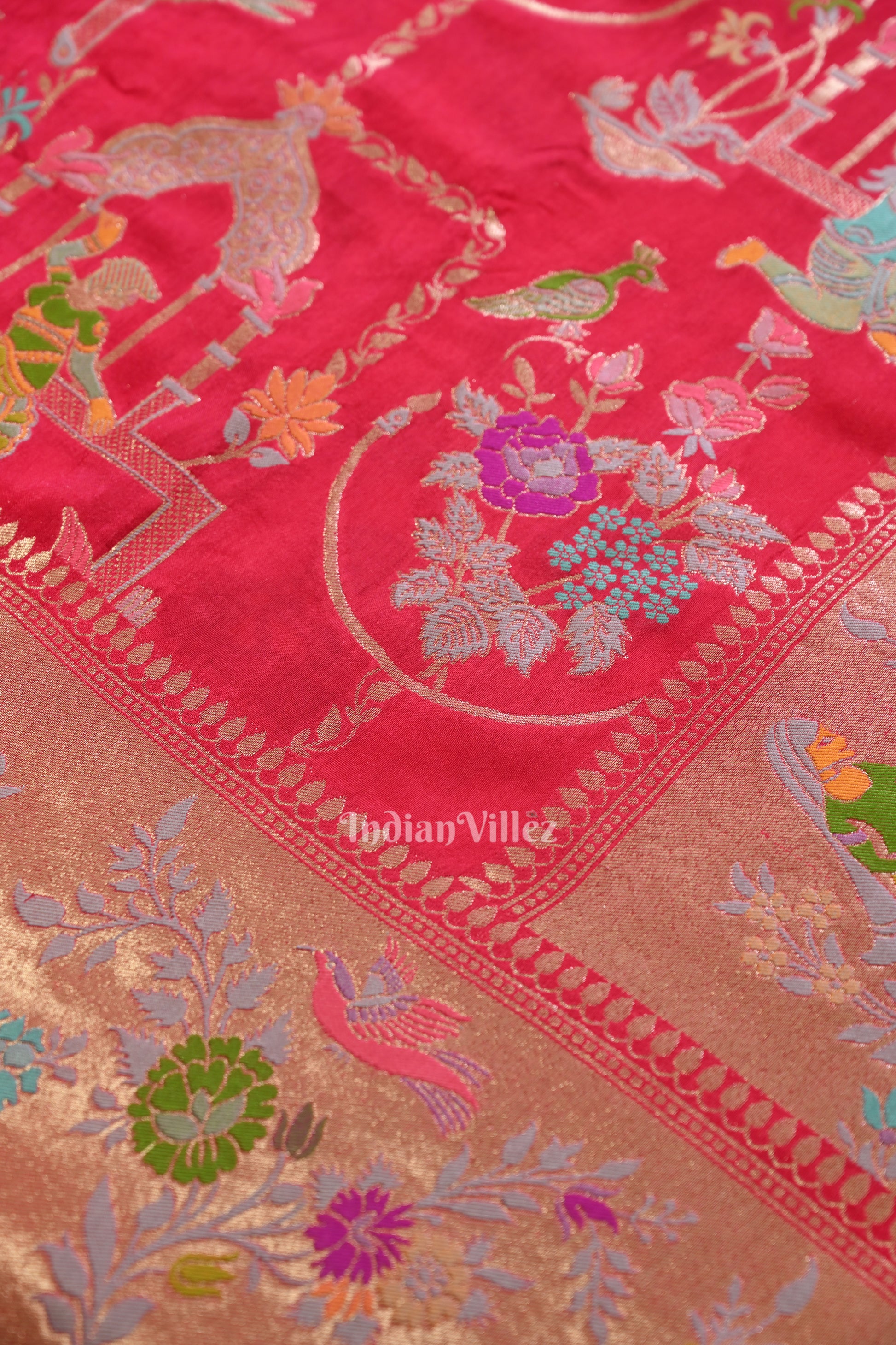 Bright Pink Tussar Georget Banarasi  Saree