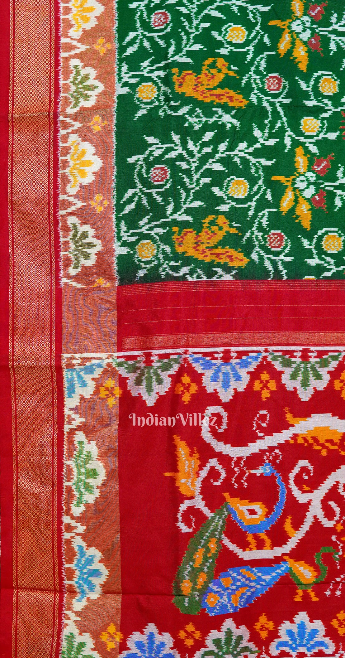 Red Green Nature Design Pochampally Ikat Silk Saree