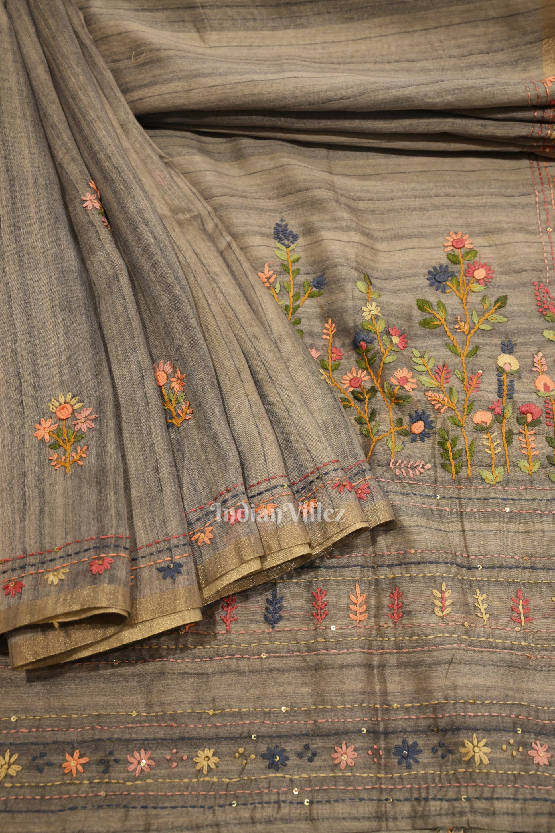 Multi Color Flower Tussar Banarasi Silk Saree 