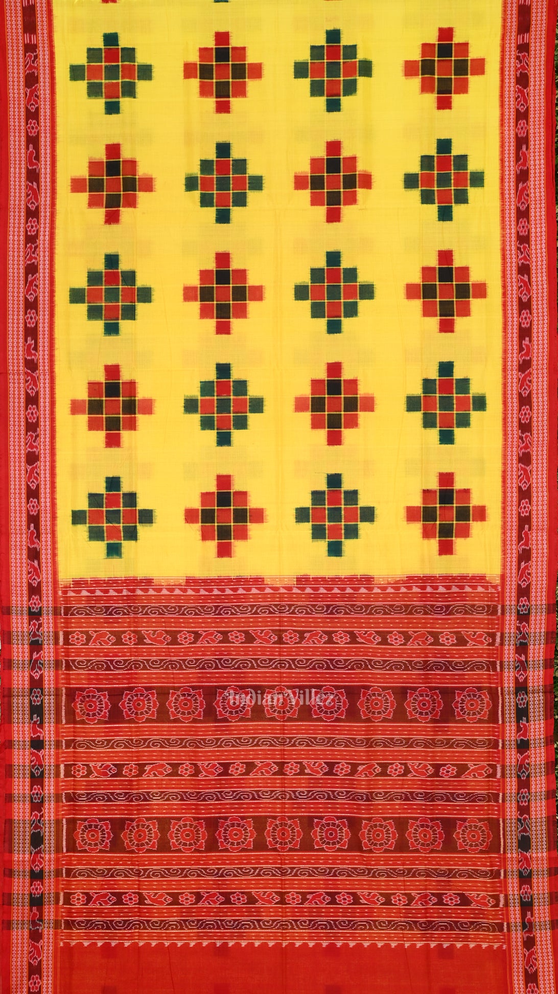 Yellow Red Sambalpuri Ikat Pasapalli Cotton Saree 