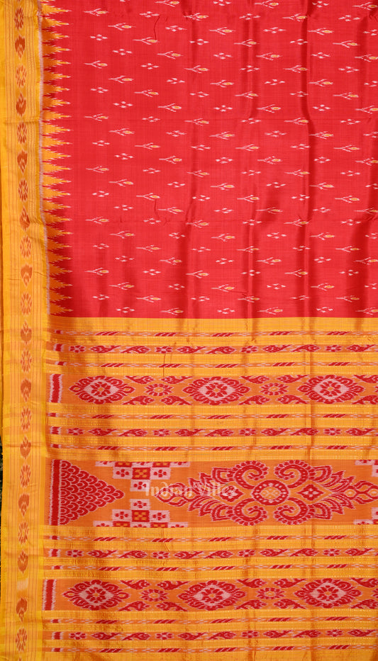 Blood Red Yellow Mayur Chandrika Khandua Silk Saree