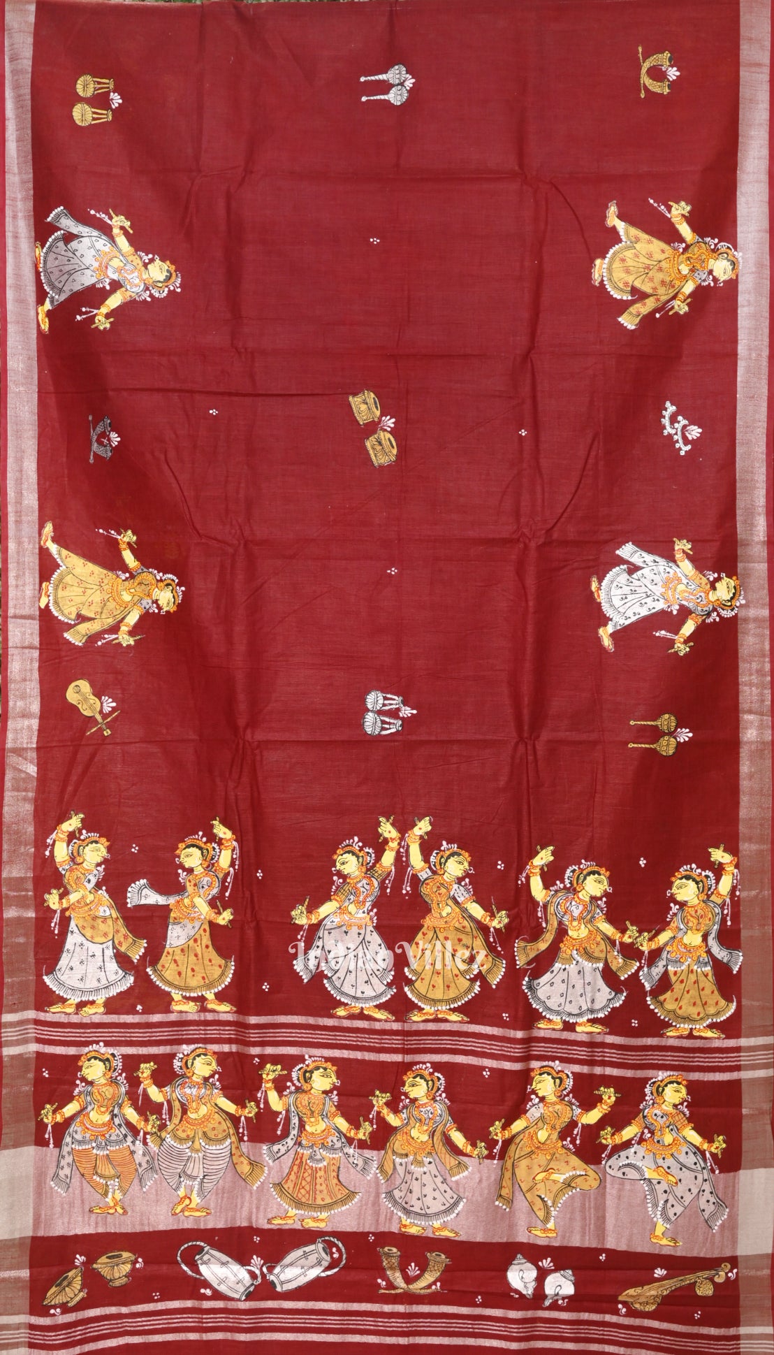 Maroon Nartaki Theme Hand-Painted Pattachitra Saree