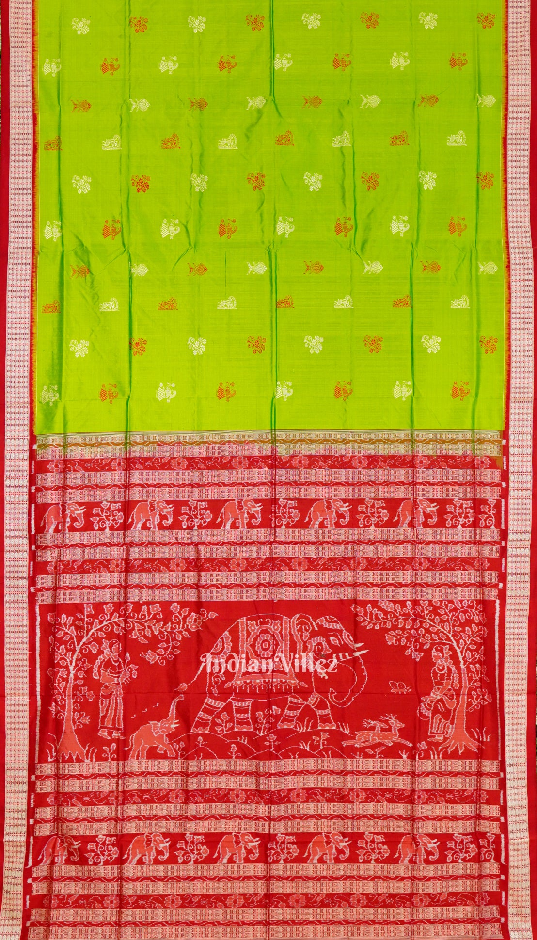 Red Green Welcome Design Bomkai Sambalpuri Silk Saree