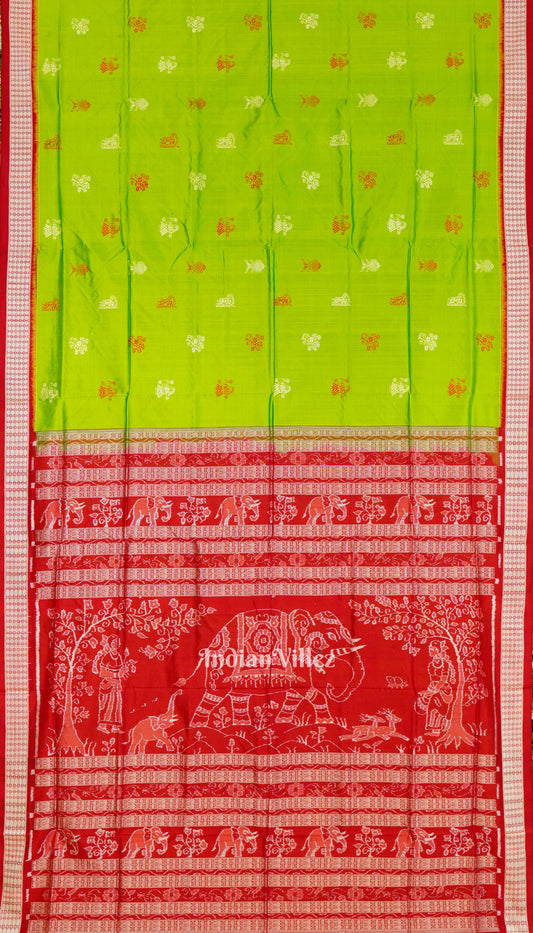 Red Green Welcome Design Bomkai Sambalpuri Silk Saree