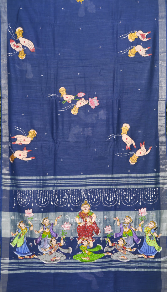 Sky Blue Mudra Theme Hand-Painted Pattachitra Linen Saree With Zari Border