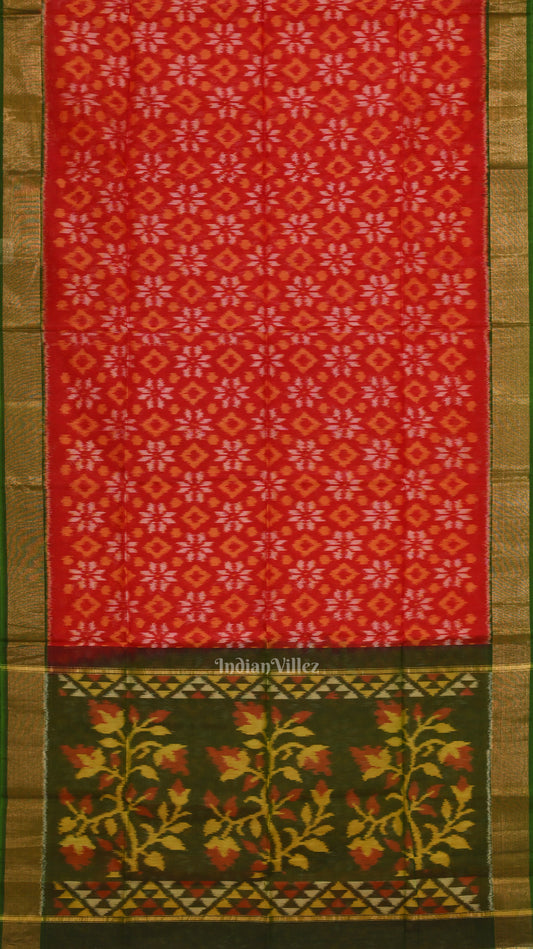 Red Green Pochampally Ikat Sico (Silk & Cotton) Saree with Zari Border