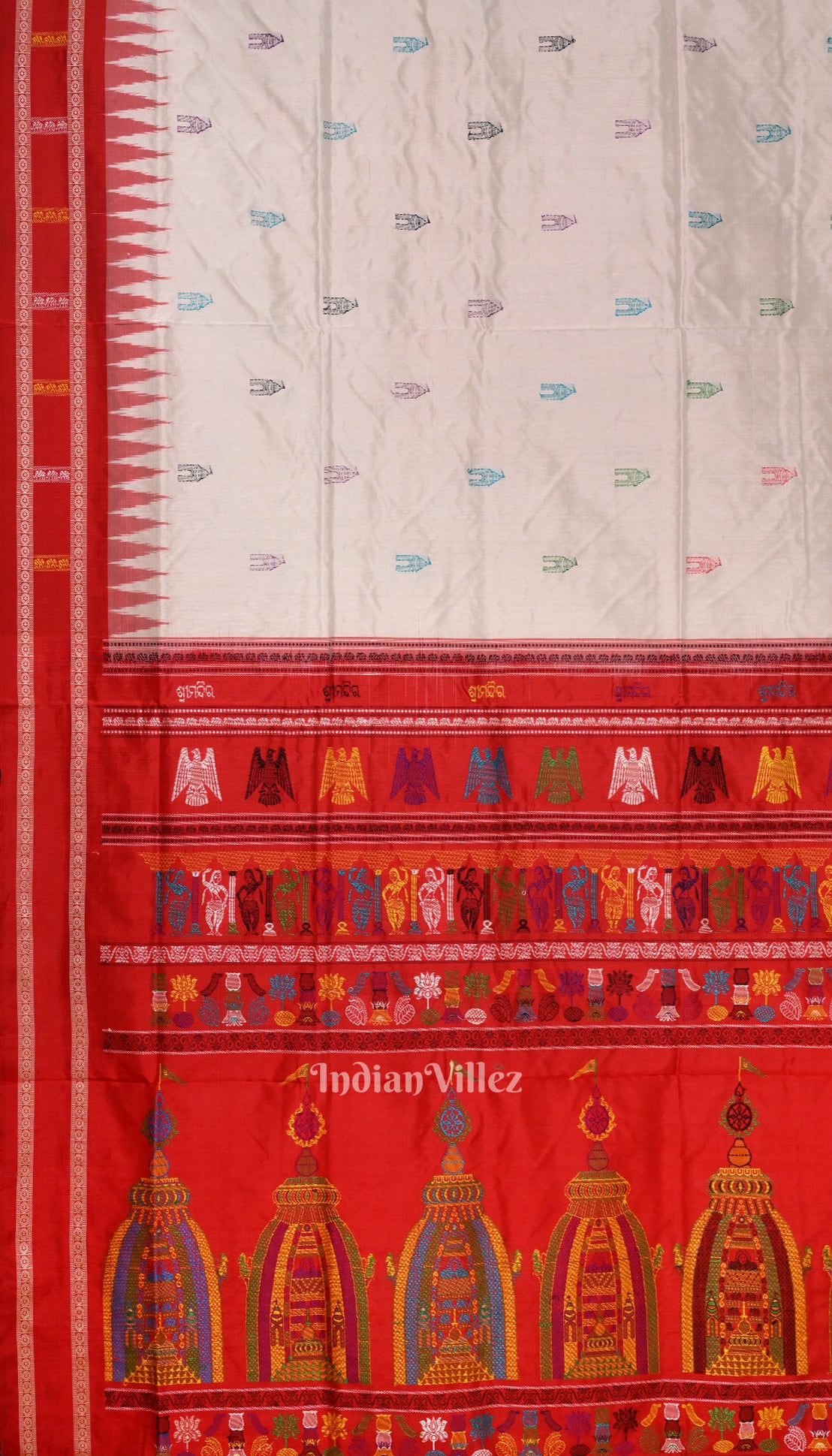 White Red Odisha Ikat Shri Mandir Sambalpuri Silk Saree