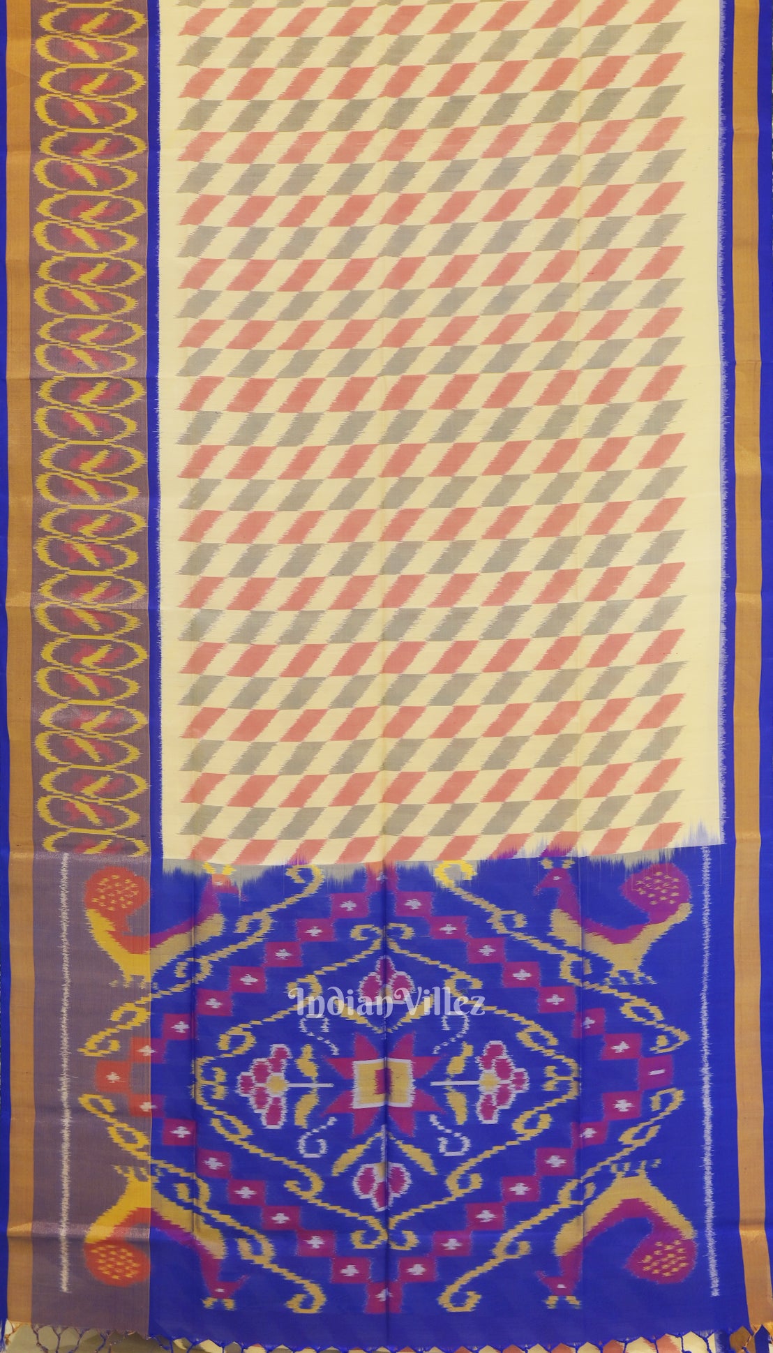 Off White Blue Pochampally Ikat Handloom Silk Saree