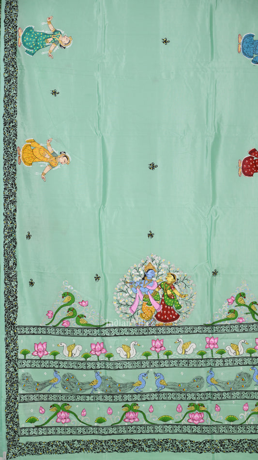 Light Blue Radha Krishna Theme Hand-Painted Pattachitra Saree 