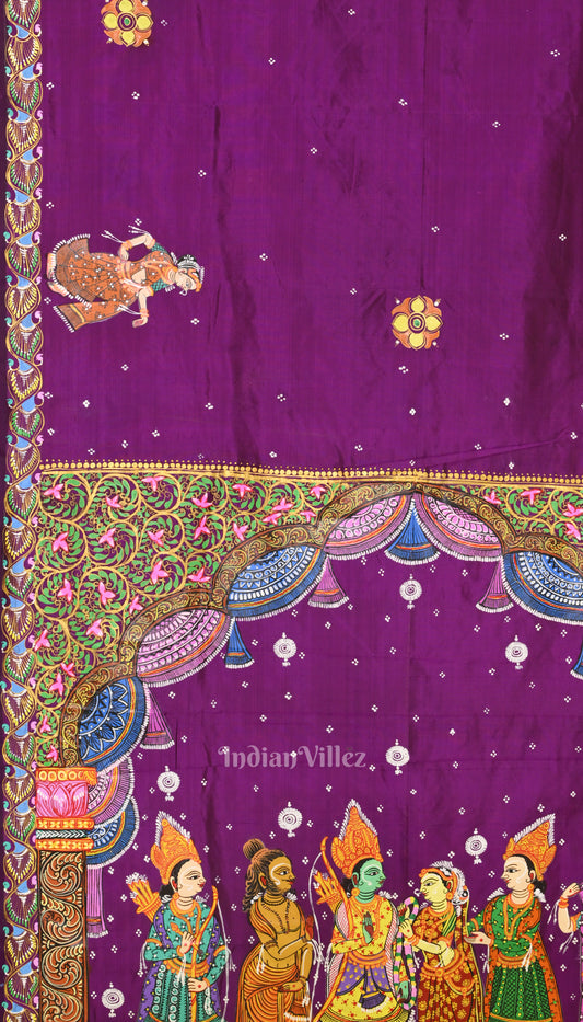 Violet Ramayan Theme Hand-Painted Pattachitra Saree 