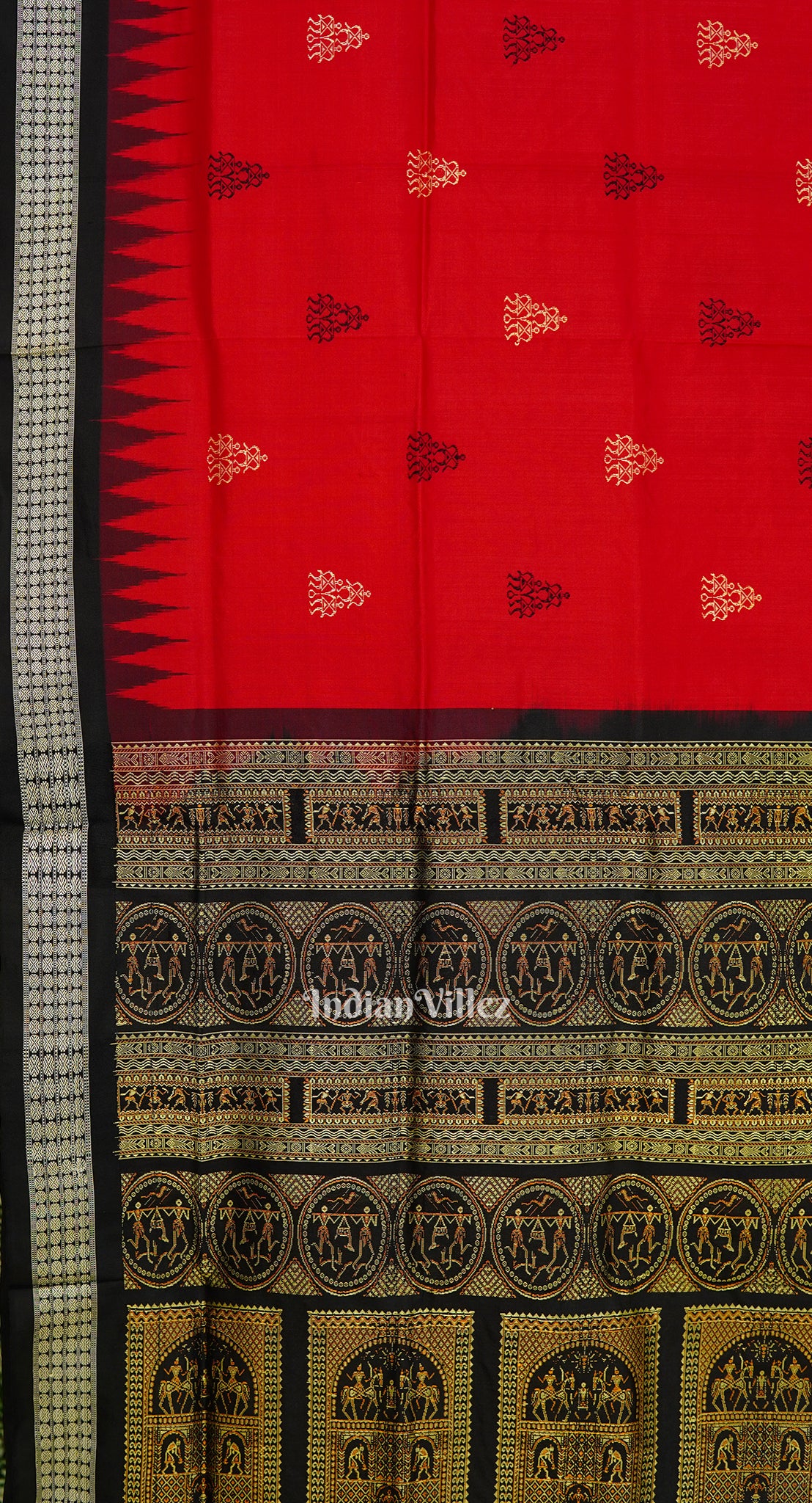 Red Black Tribal Design Bomkai Sambalpuri Silk Saree