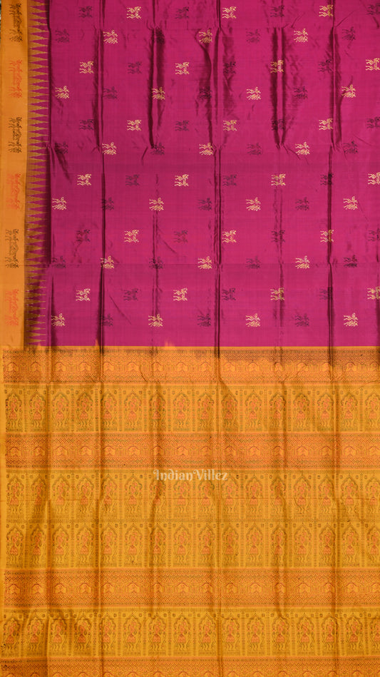 Magenta Pink with Mustard Yellow Tribal Theme Bomkai Sambalpuri Silk saree 