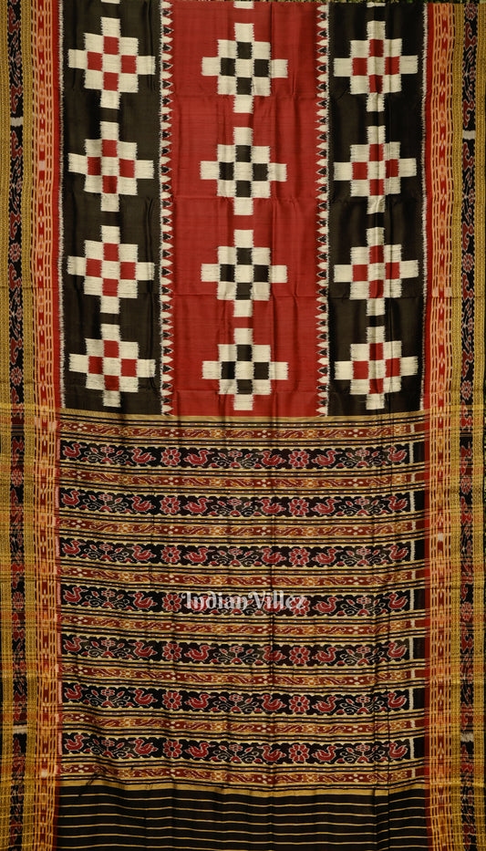 Red Black Pasapali Design Odisha Ikat Khandua Silk Saree