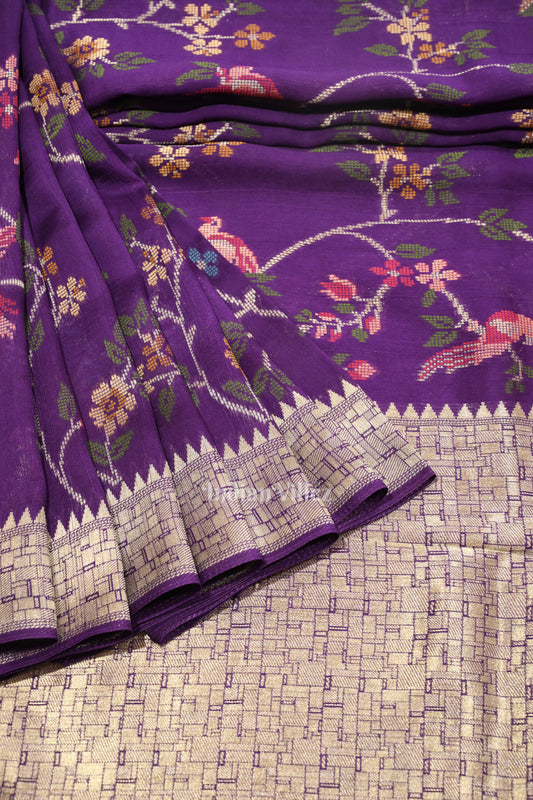 Violet Tussar with Silver Border Banarasi Silk Saree with Tassels 