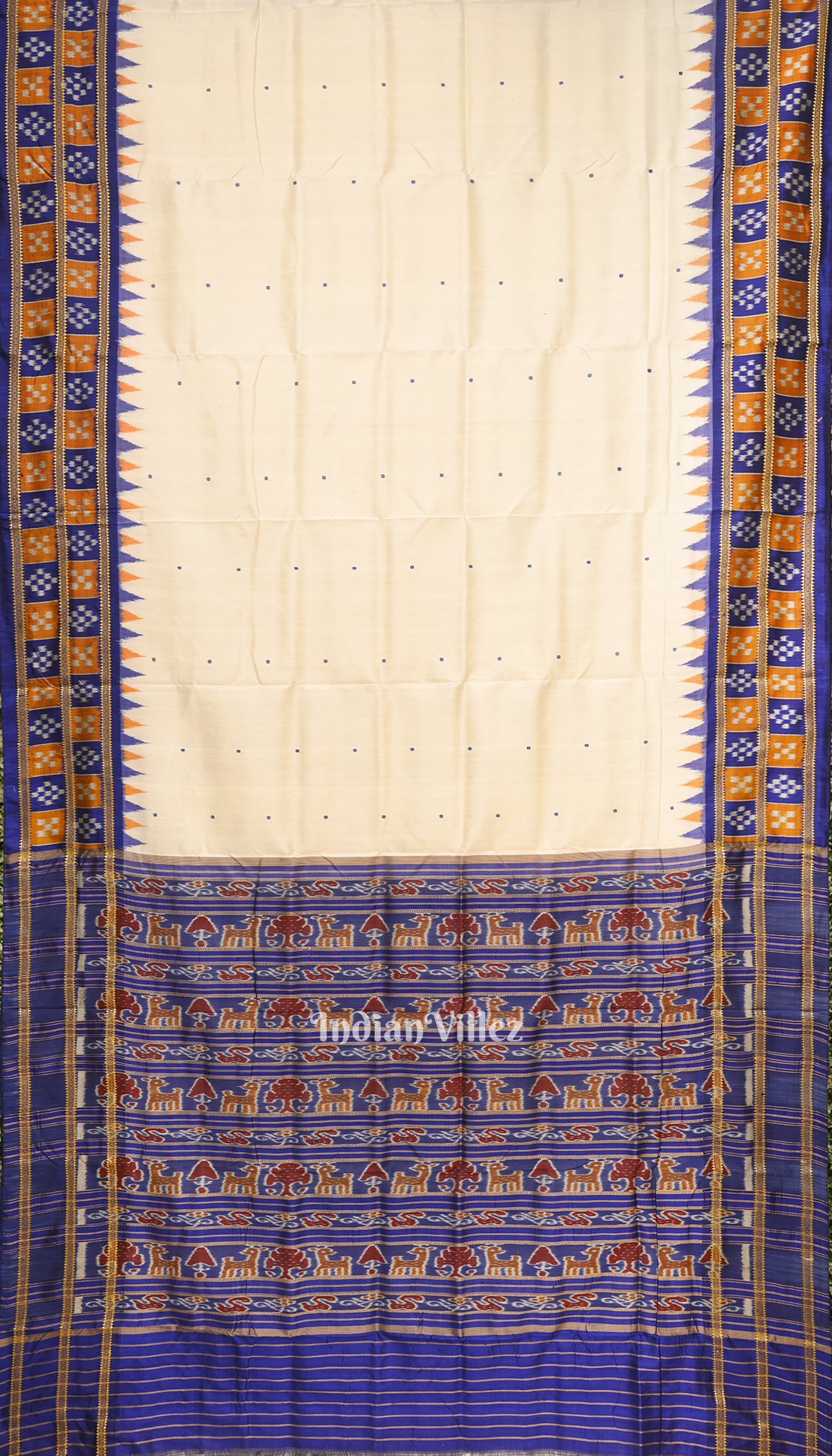 White Butta Design Pasapali Border Odisha Ikat Khandua Silk Saree