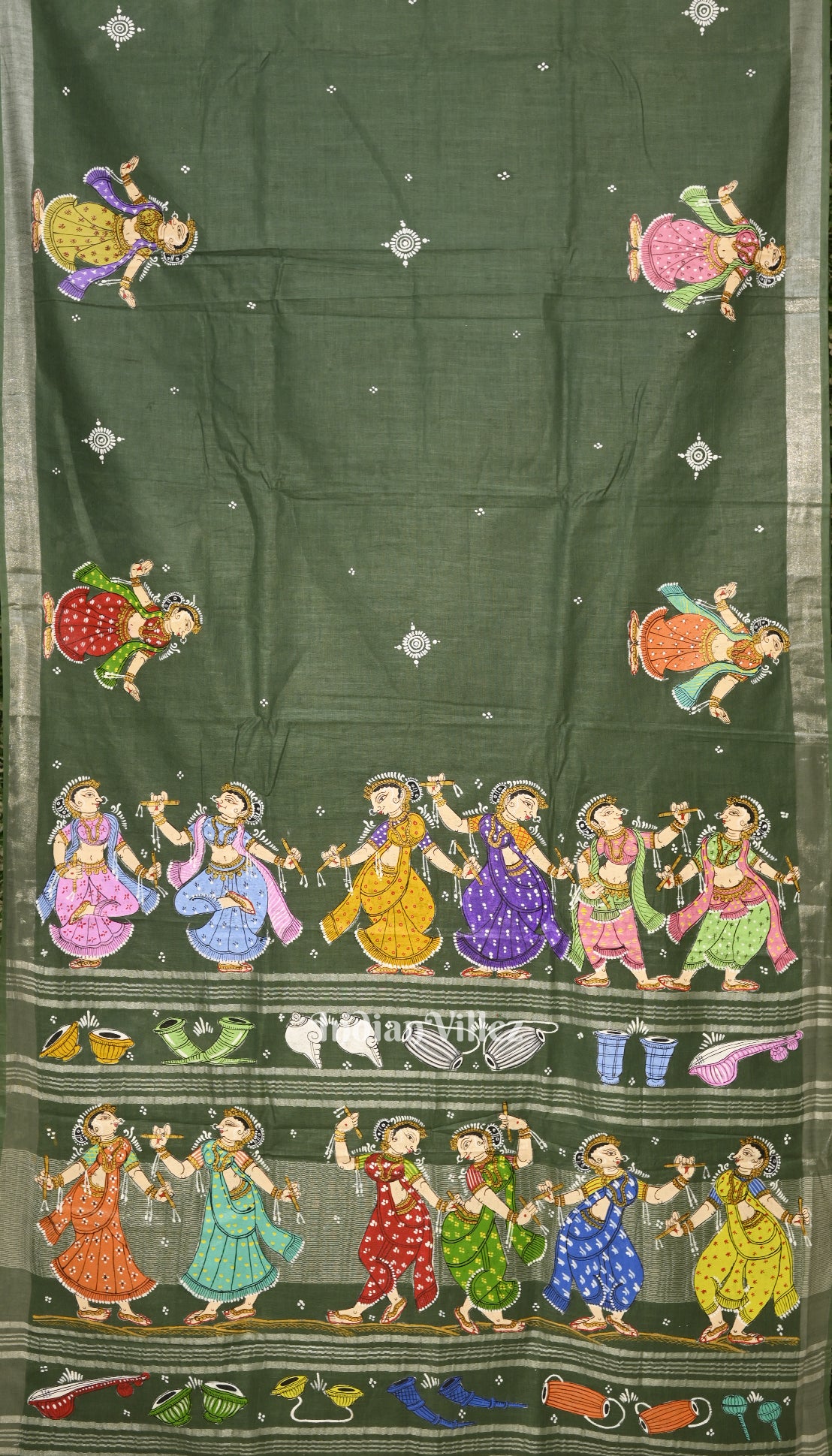 Green Nartaki Theme Hand-Painted Pattachitra Linen Saree With Zari Border