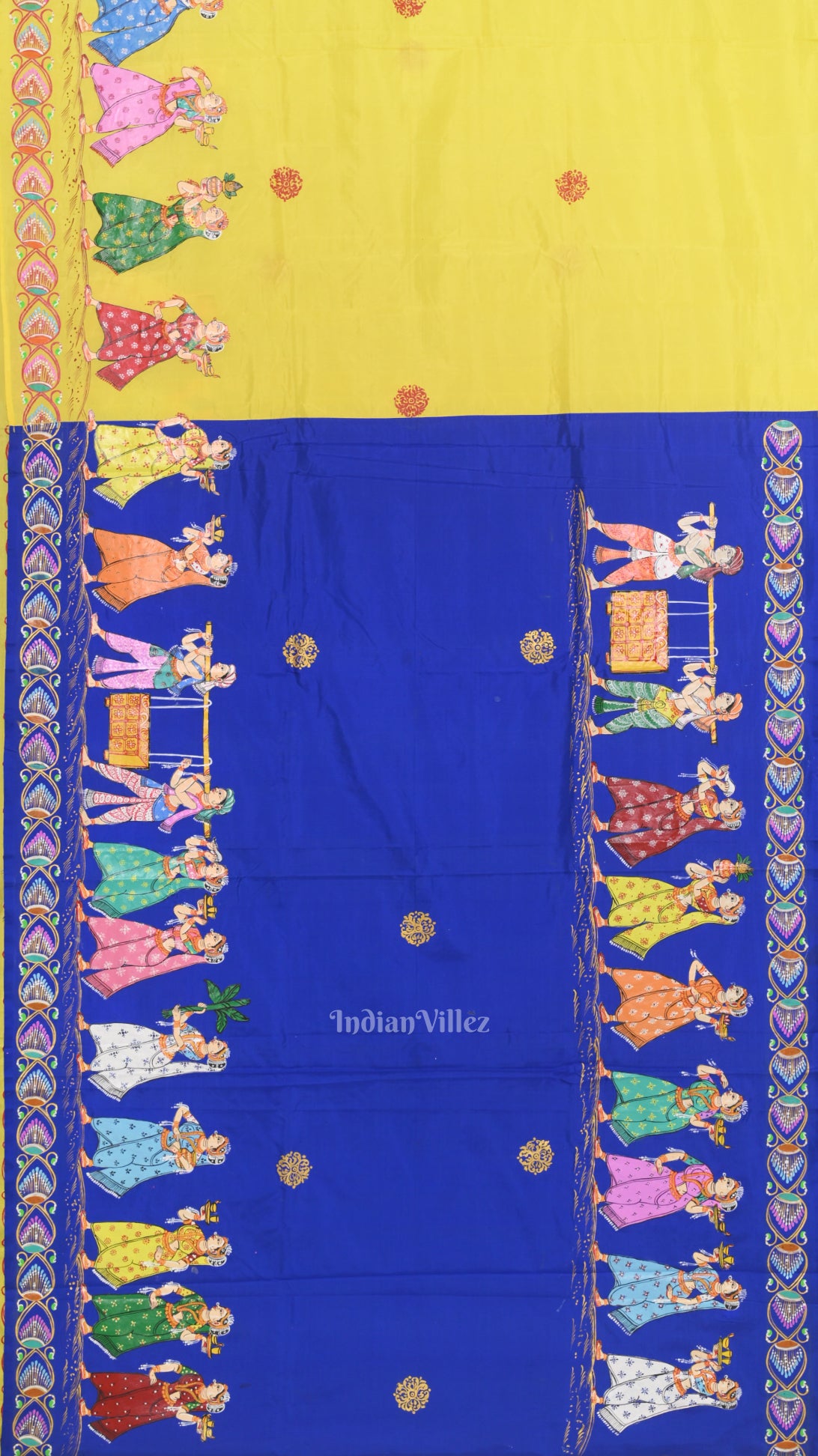 Royal Blue Yellow Boita Theme  Hand-Painted Pattachitra Saree 