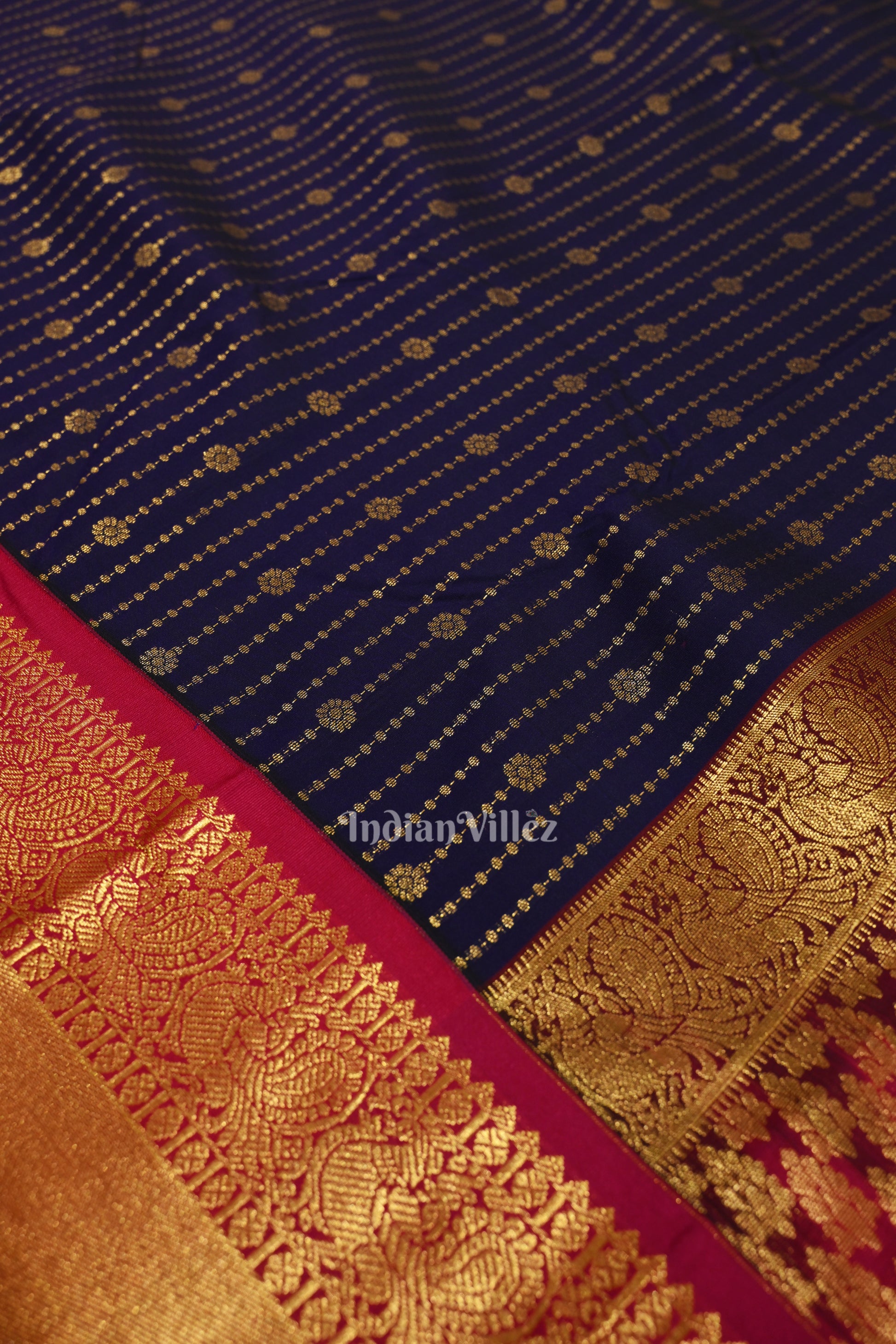 Deep Blue Rani Pink Pure Brocade Kanjivaram Silk Saree 