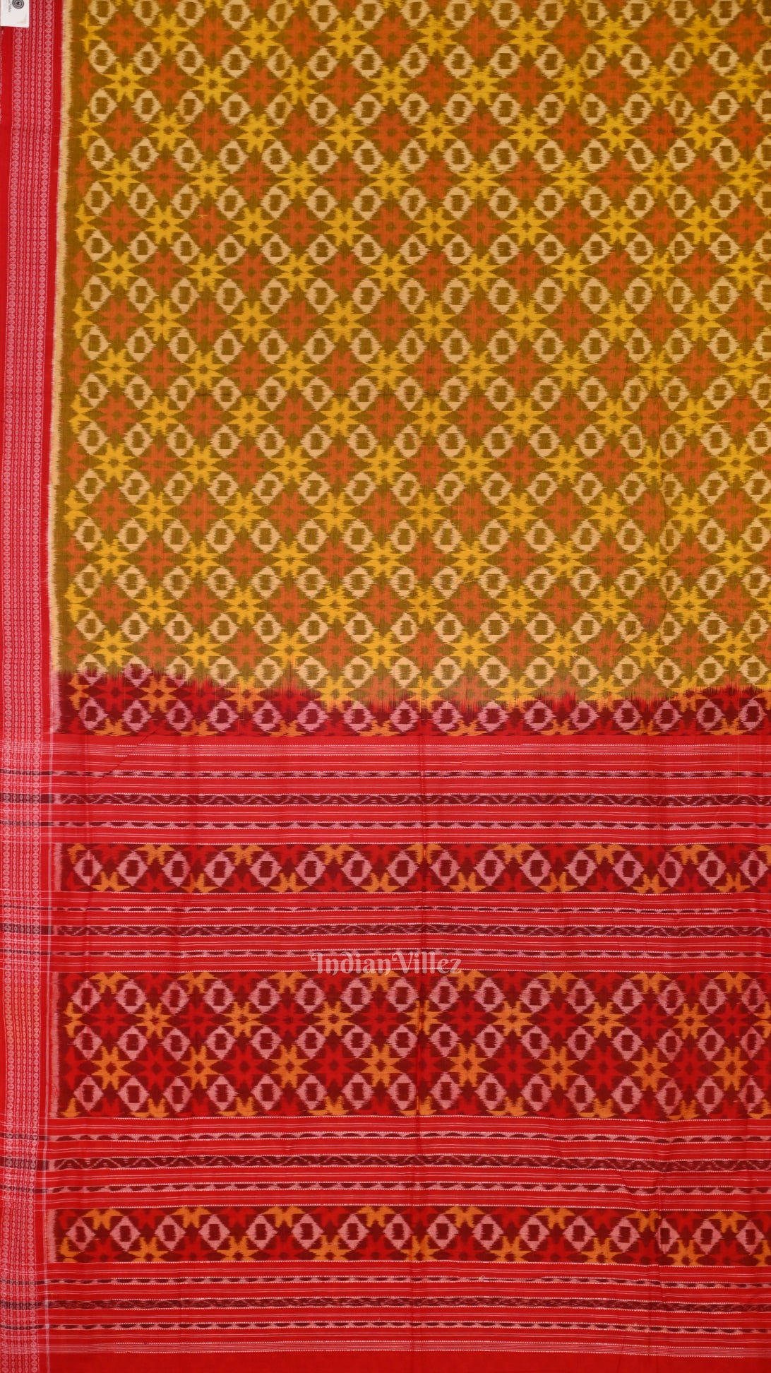 Lemon Yellow Red Ikat Sambalpuri Pure Cotton Saree 