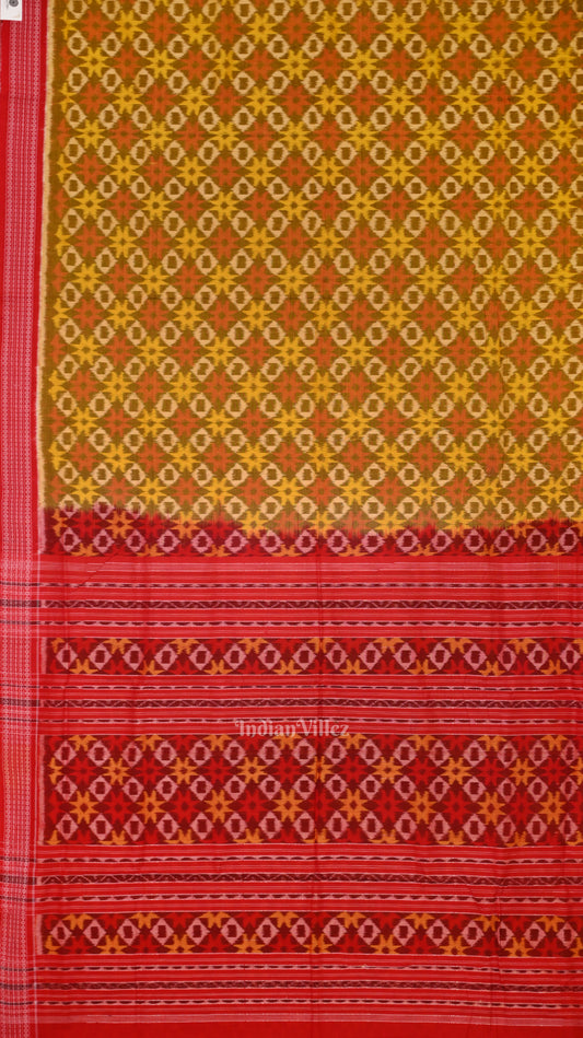 Lemon Yellow Red Ikat Sambalpuri Pure Cotton Saree 