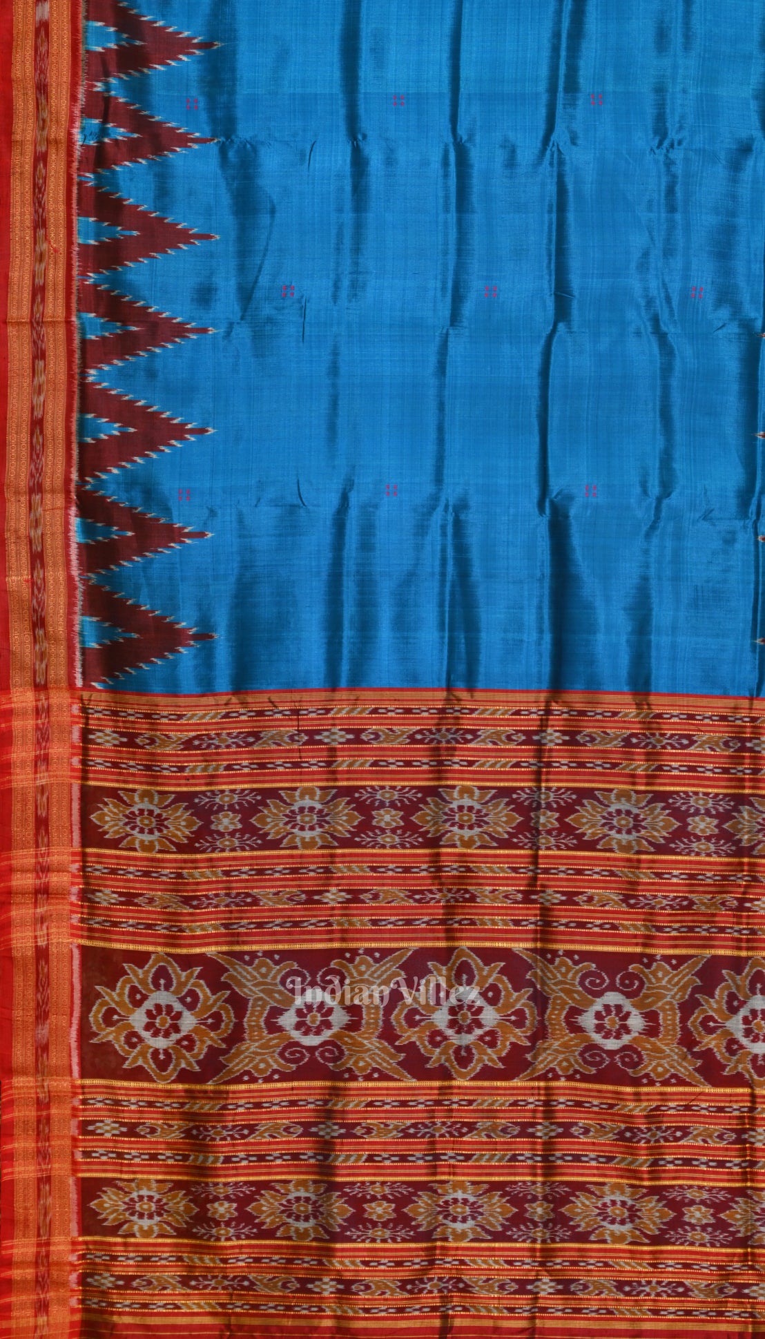 Sky Blue Red Butta Theme Odisha Handloom Khandua Silk Saree