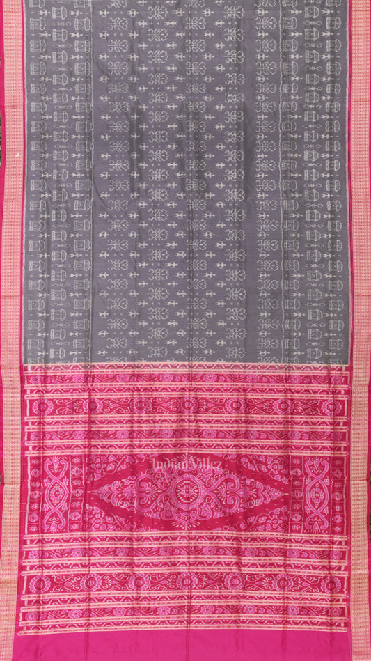 Cement Gray Rani Pink Tribal Theme Sambalpuri Silk Saree 